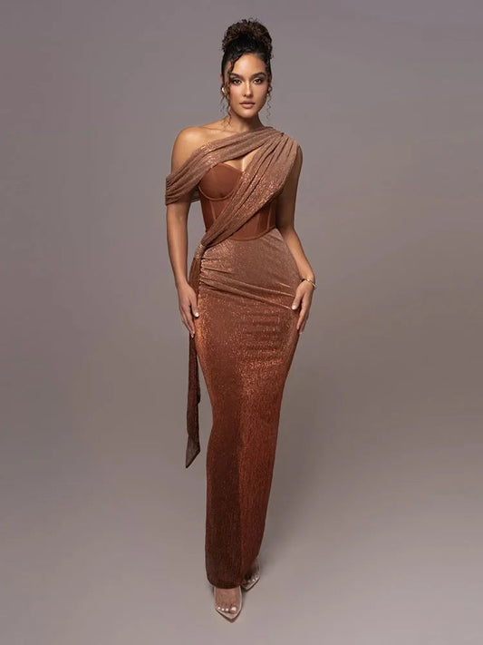 Ava Women's Maxi Dress | One-Shoulder Bodycon, Elegant Draped Design 0