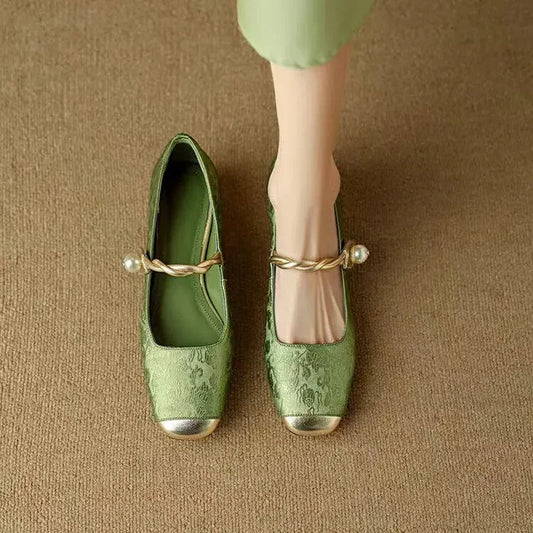 Carmen Mary Jane Shoes | Braided Pearl Strap, Low Block Heel