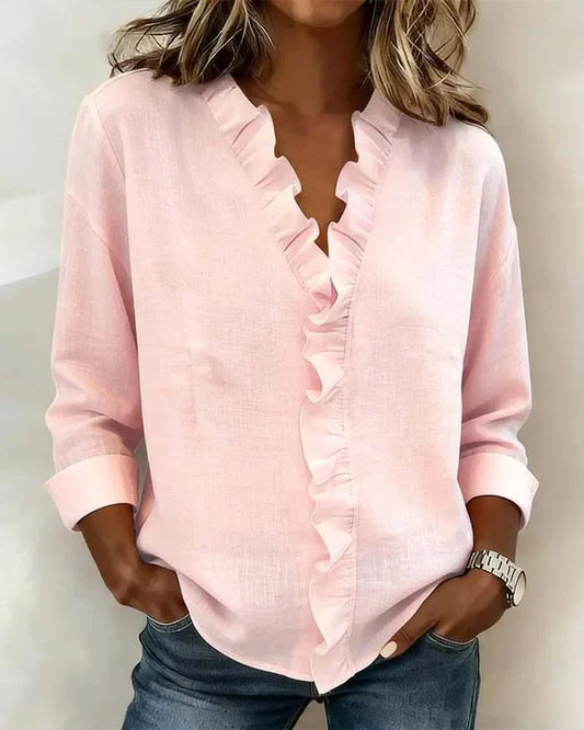 Celia Women's Blouse | Lightweight Ruffled V-Neck, Long Sleeve Tops 0