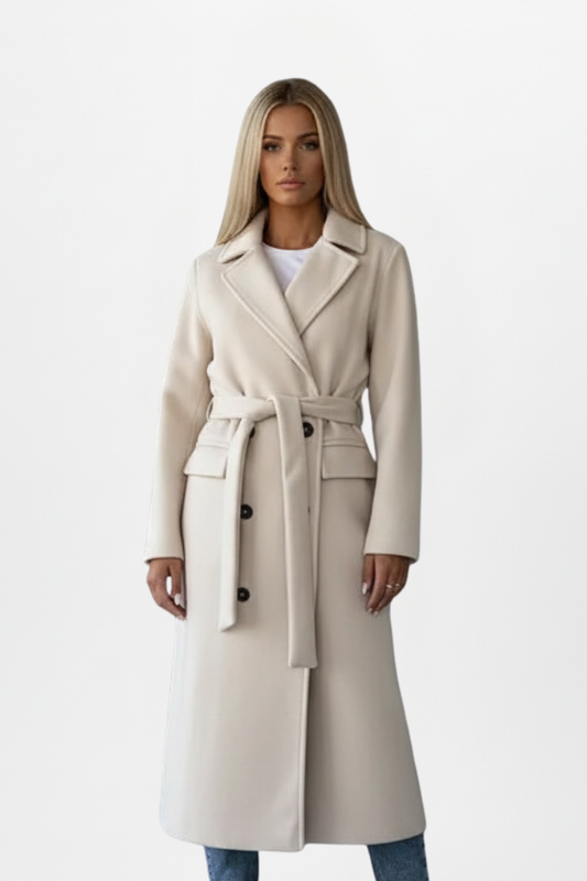 Celia Women's Coat | Double Breasted Wool Trench Coat with Adjustable Waist Belt