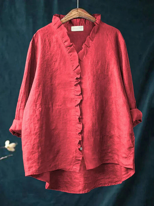 Ella Women's Blouse | Cotton Linen Blend Ruffle V-Neck 0