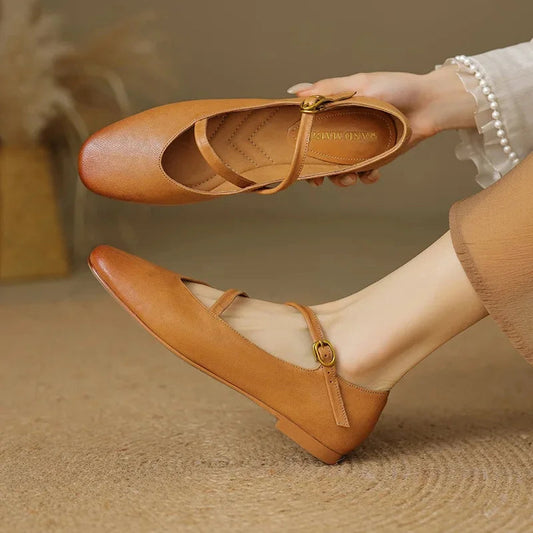 Elysia Black Flats | Leather, Adjustable Strap, Cushioned Insole