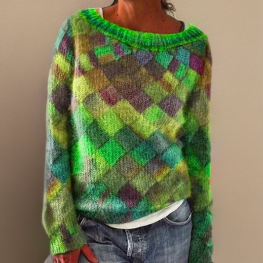 Elysia Women's Sweater | Relaxed Fit Argyle Knit, Colorblock Cropped Silhouette 0