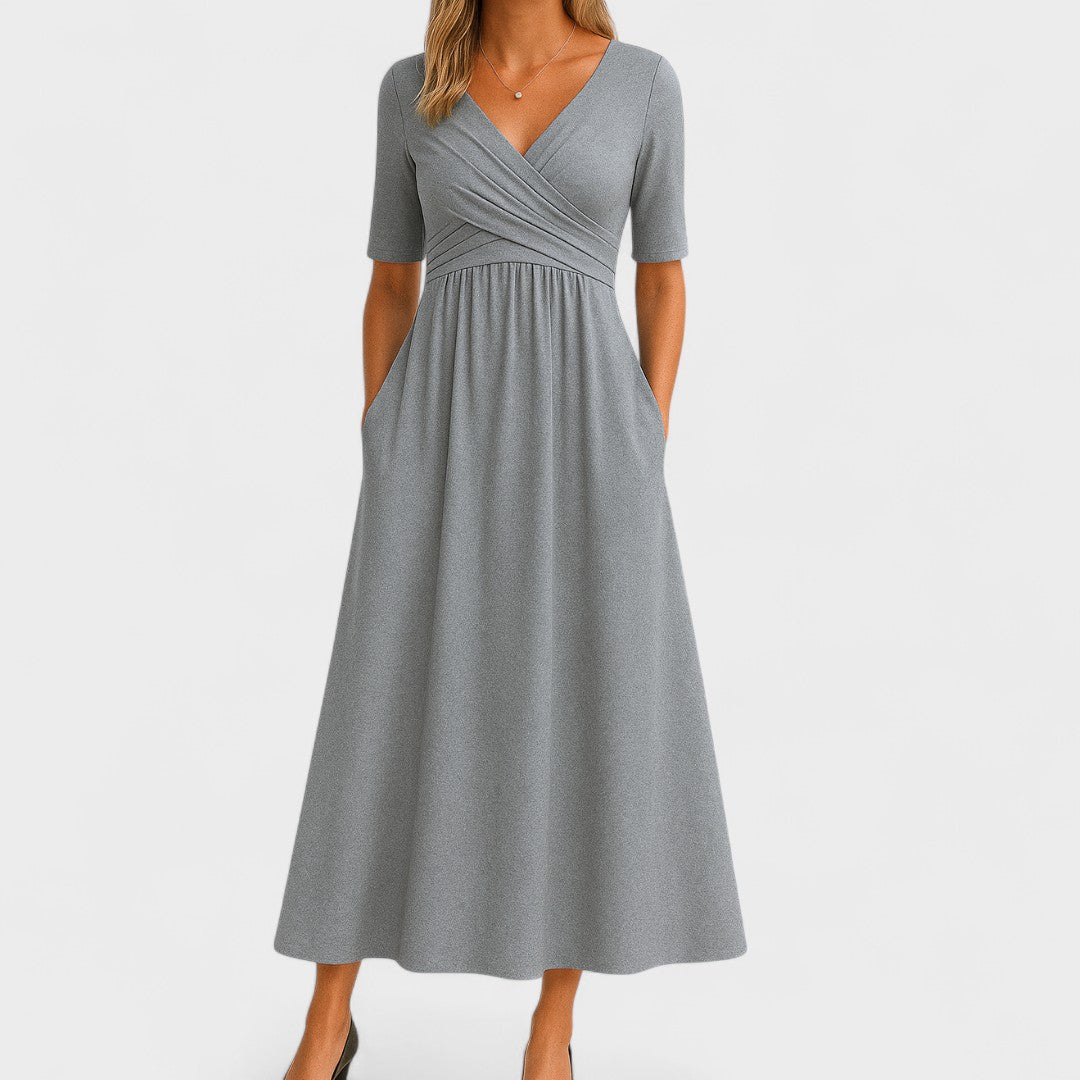 Isla Women's Midi Dress | Elegant Surplice V-Neck, Soft Fabric, Pockets 0