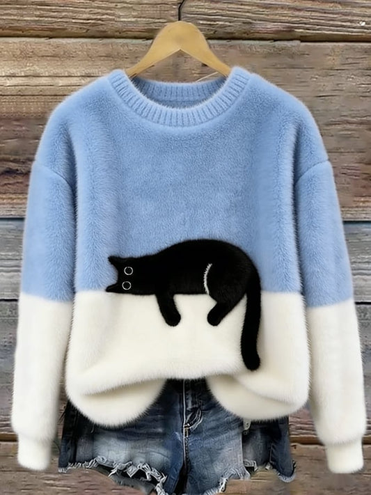 Isla Women's Wool-Mix Knit Sweater | Cat Motif, Light Blue 0