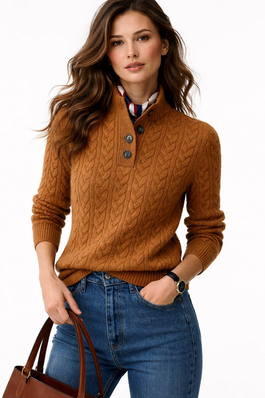 Madeline Women's Cable Knit Pullover Sweater | Wool Blend Button-Neck 0