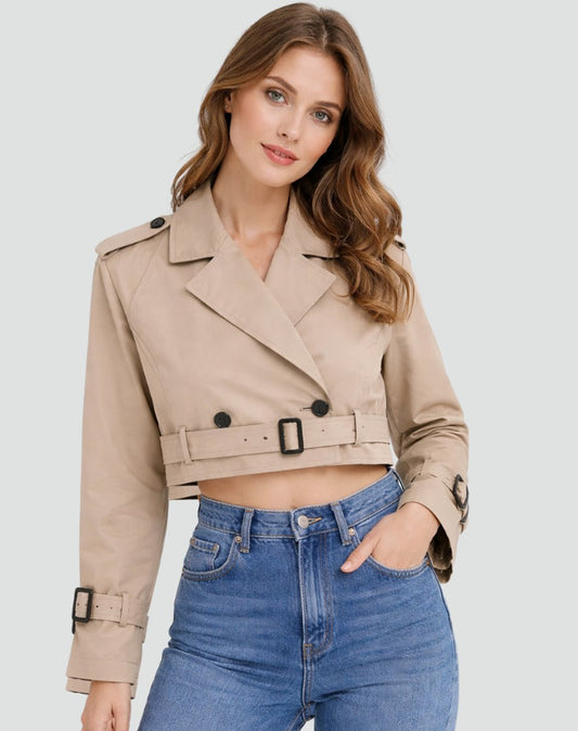 Madeline Women's Cropped Trench Coat | Double-Breasted Belted Jacket 0
