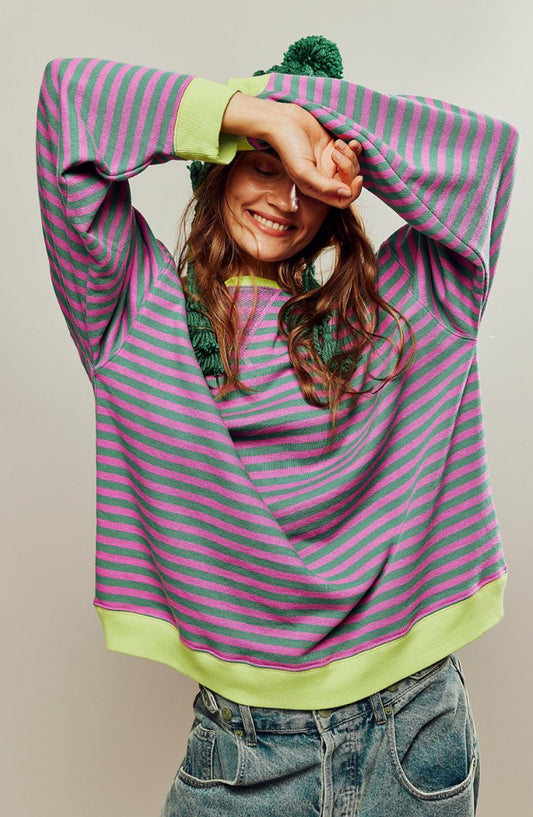 Mira Women's Oversized Pullover Sweater | Striped, Long Sleeve 0