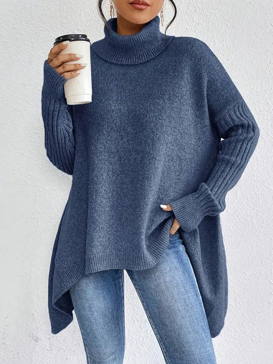 Mira Women's Oversized Turtleneck Sweater | Ribbed Trim, High-Low Hem 0
