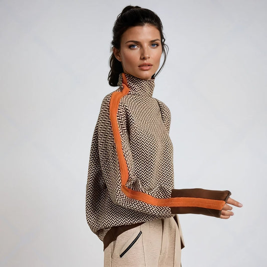 Sophia Women's Oversized Turtleneck Sweater | Herringbone Pattern, Contrast Trim 0