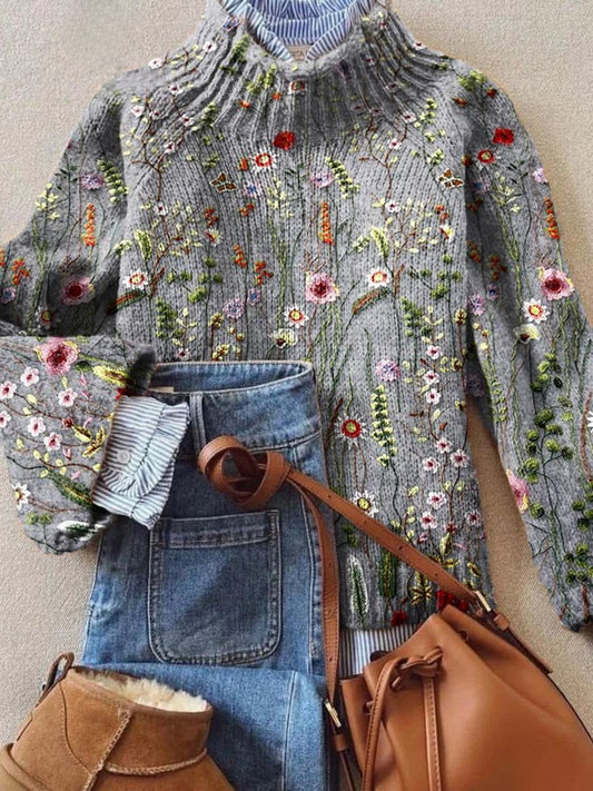 Sophina Women's Turtleneck Sweater | Floral Embroidered Knit Pullover 0