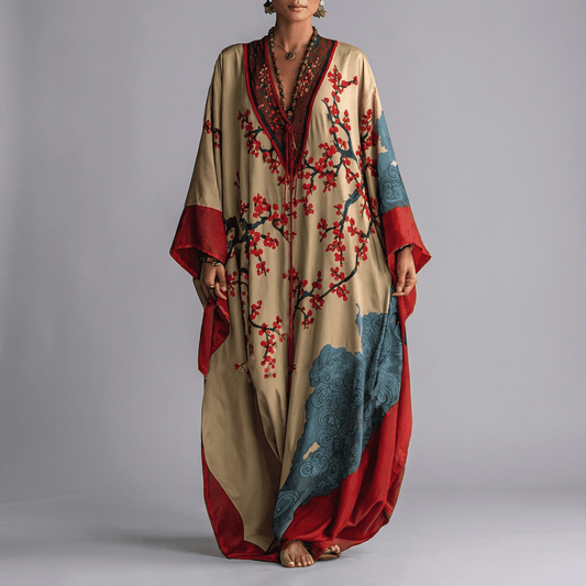 Valerie Women's Maxi Dress | Plum Blossom Print, Batwing Sleeves 0